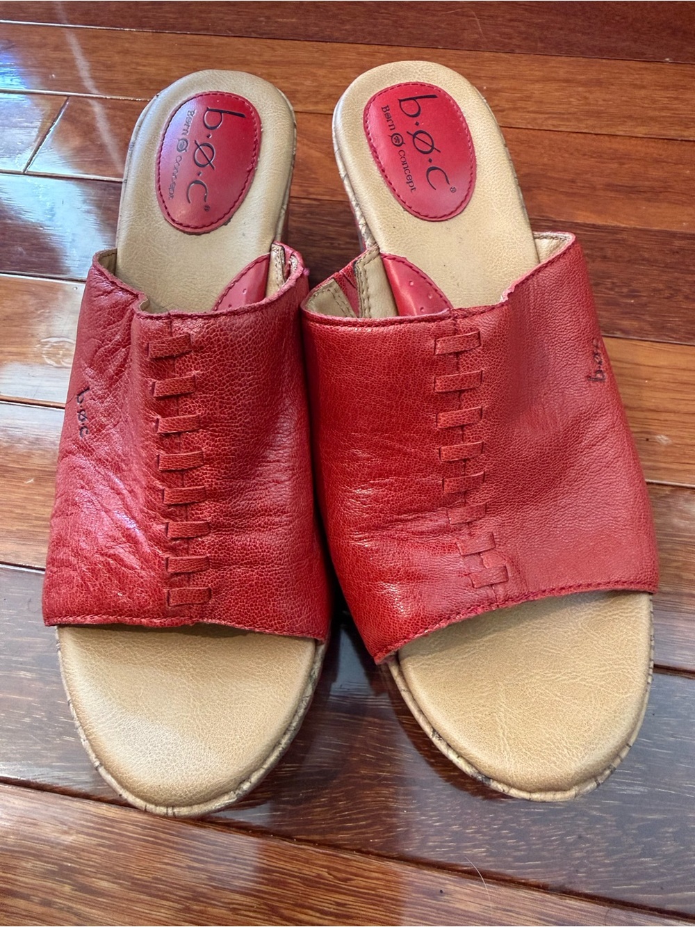 b.o.c. Red Leather Slide Mules with Stitched Upper